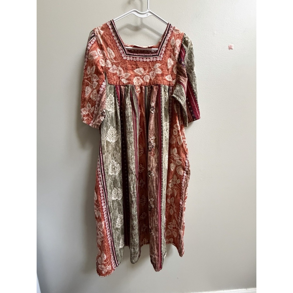 Vermont Country Store Cotton Botanical House Dress Boho Earth Tone Pockets Mumu